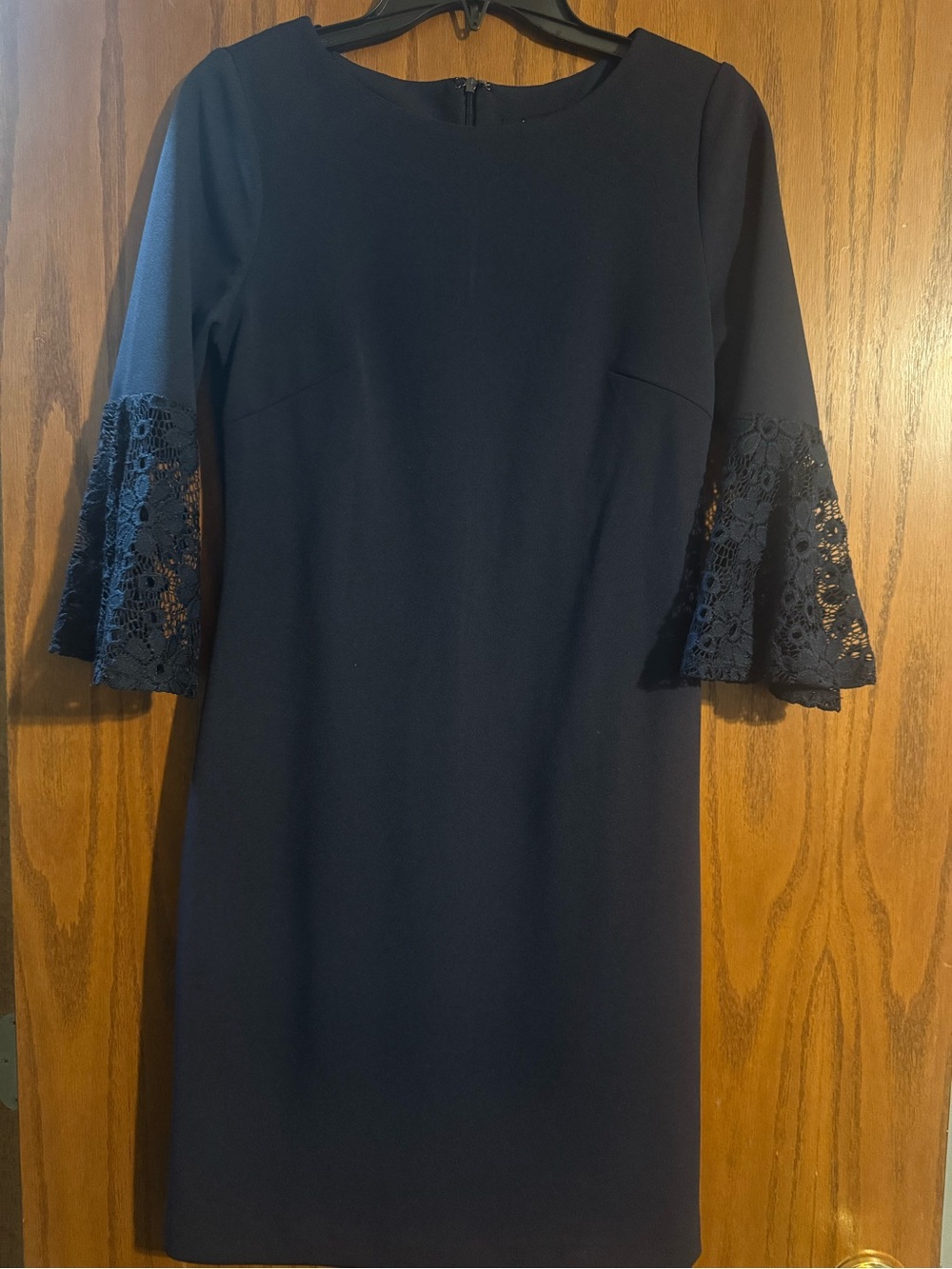 Sharagano Navy Midi Dress with Lace Bell Sleeves